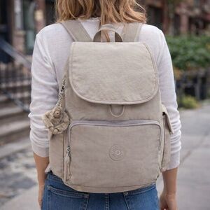 Kipling City Pack Backpack Beige Nylon Monkey Keychain Travel Daypack Grey Gris